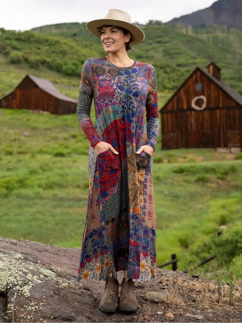 NATURAL LIFE Stevie ButterSoft Maxi Dress Blue Patchwork Long Sleeve XL Pockets